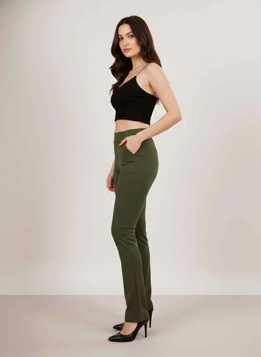 URBAN CONTOUR BELL BOTTOM HIGH WAIST OLIVE GREEN TROUSER