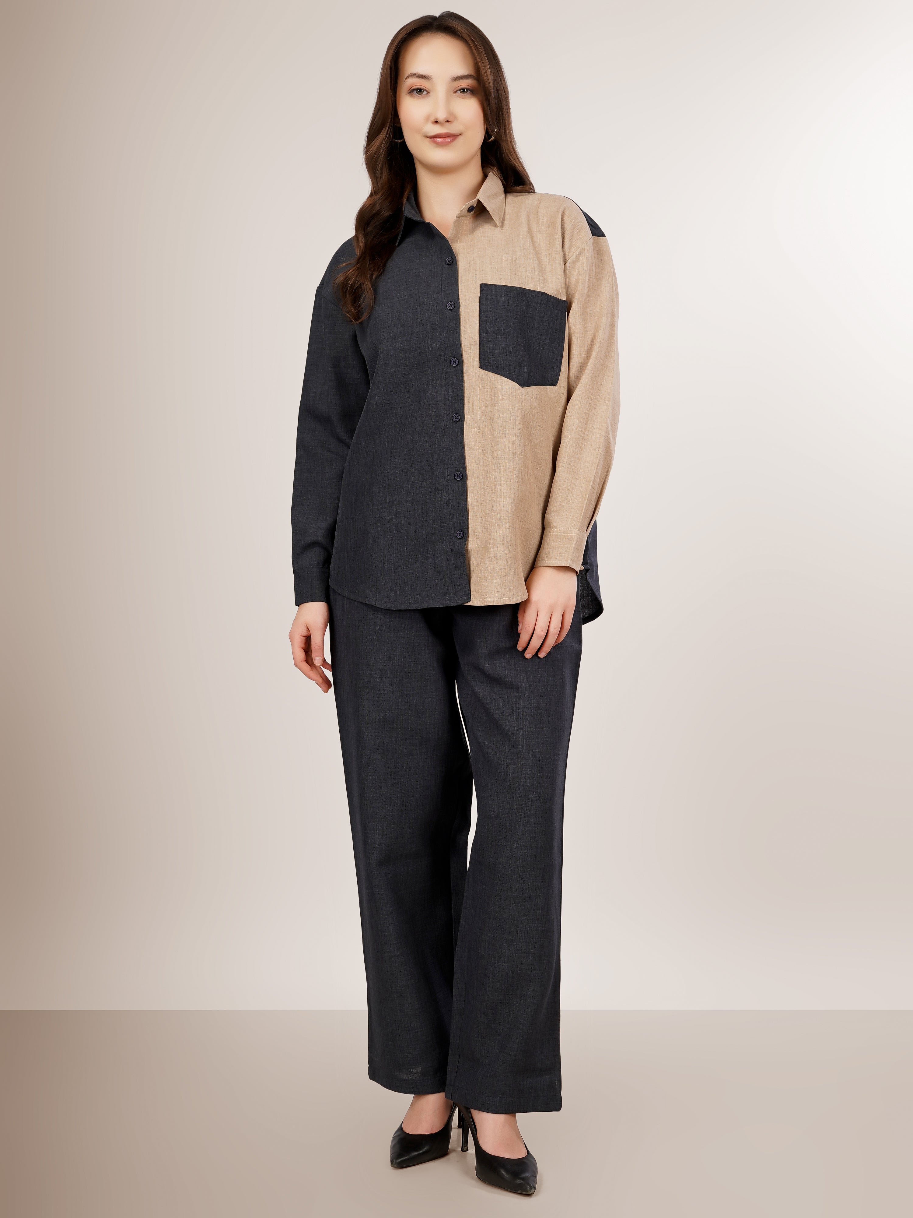 CHIC CONTRAST LINEN CO-ORD SET -NOIR & SAND EDITION
