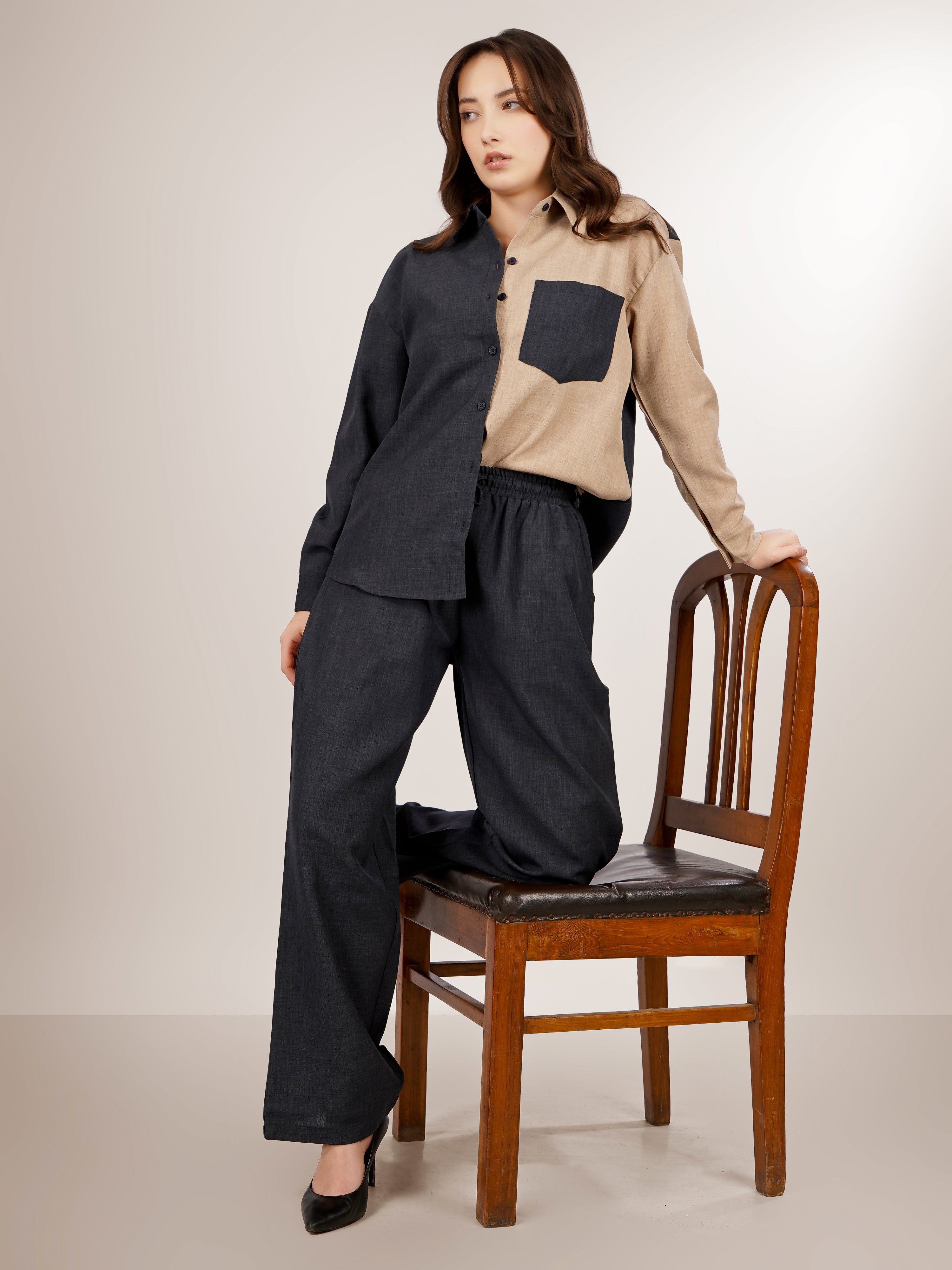 CHIC CONTRAST LINEN CO-ORD SET -NOIR & SAND EDITION