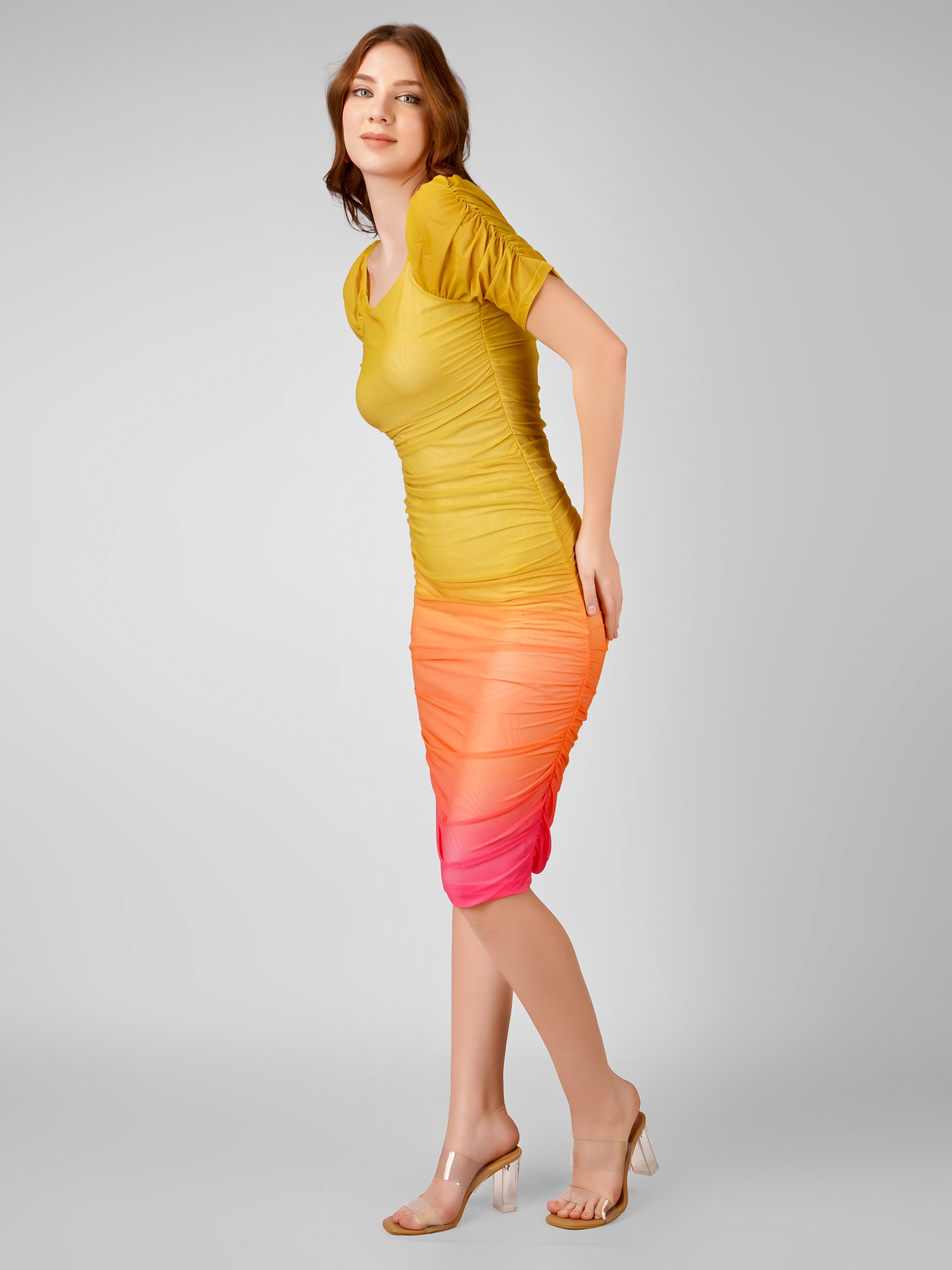 GRADIENT RUCHED COCKTAIL MIDI DRESS