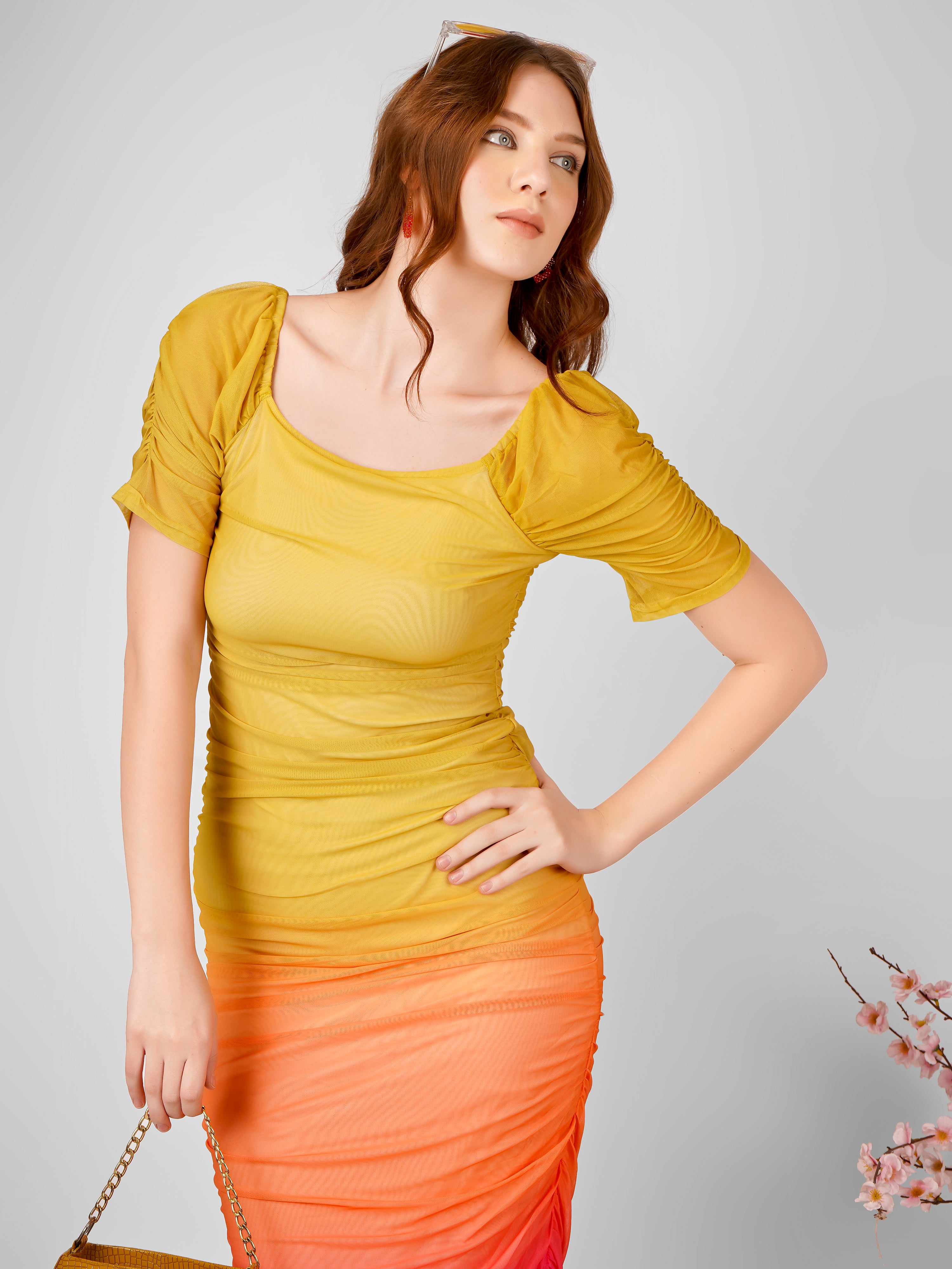 GRADIENT RUCHED COCKTAIL MIDI DRESS