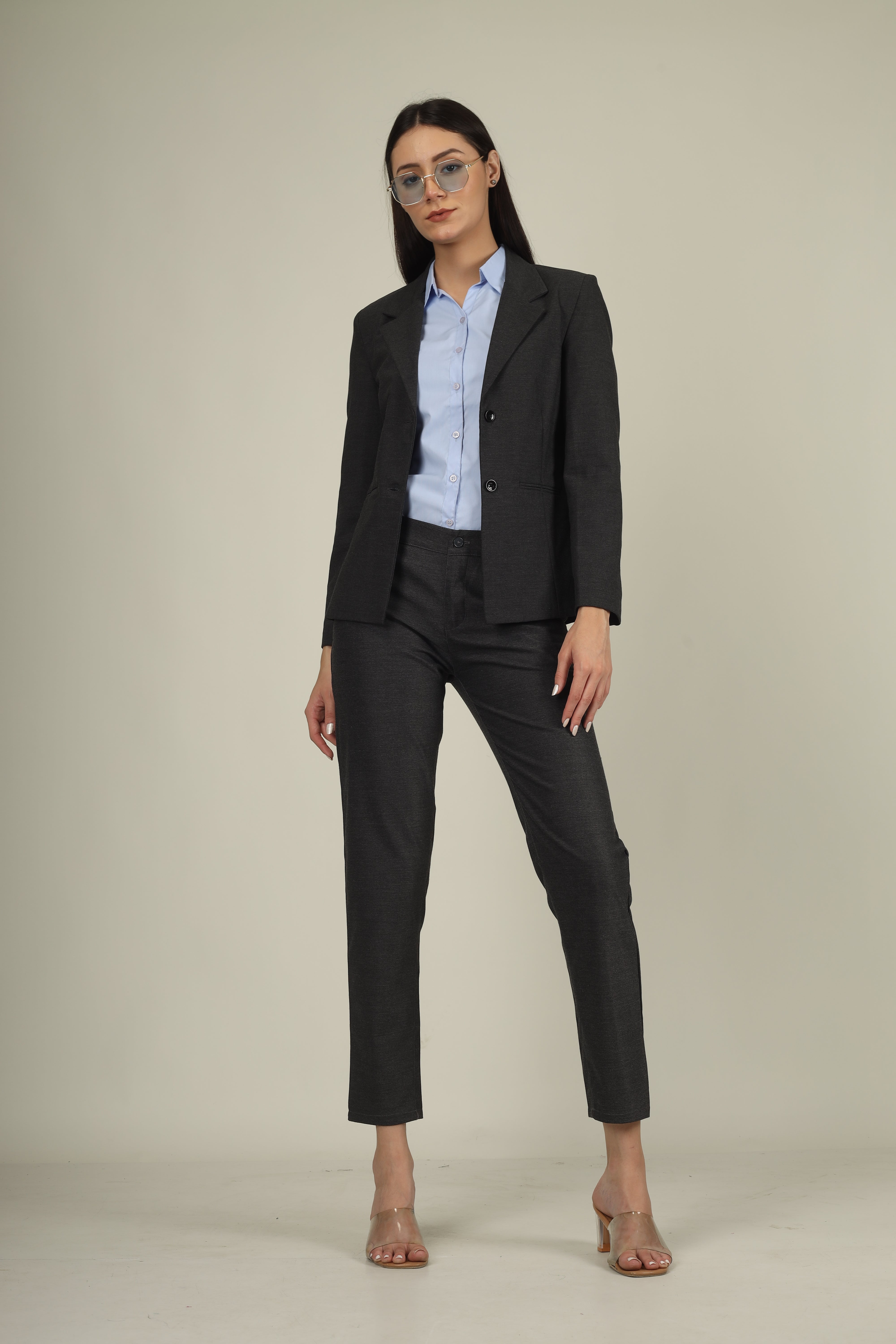 COTTON NOTCHED LAPEL COLLAR DARK GREY BLAZER