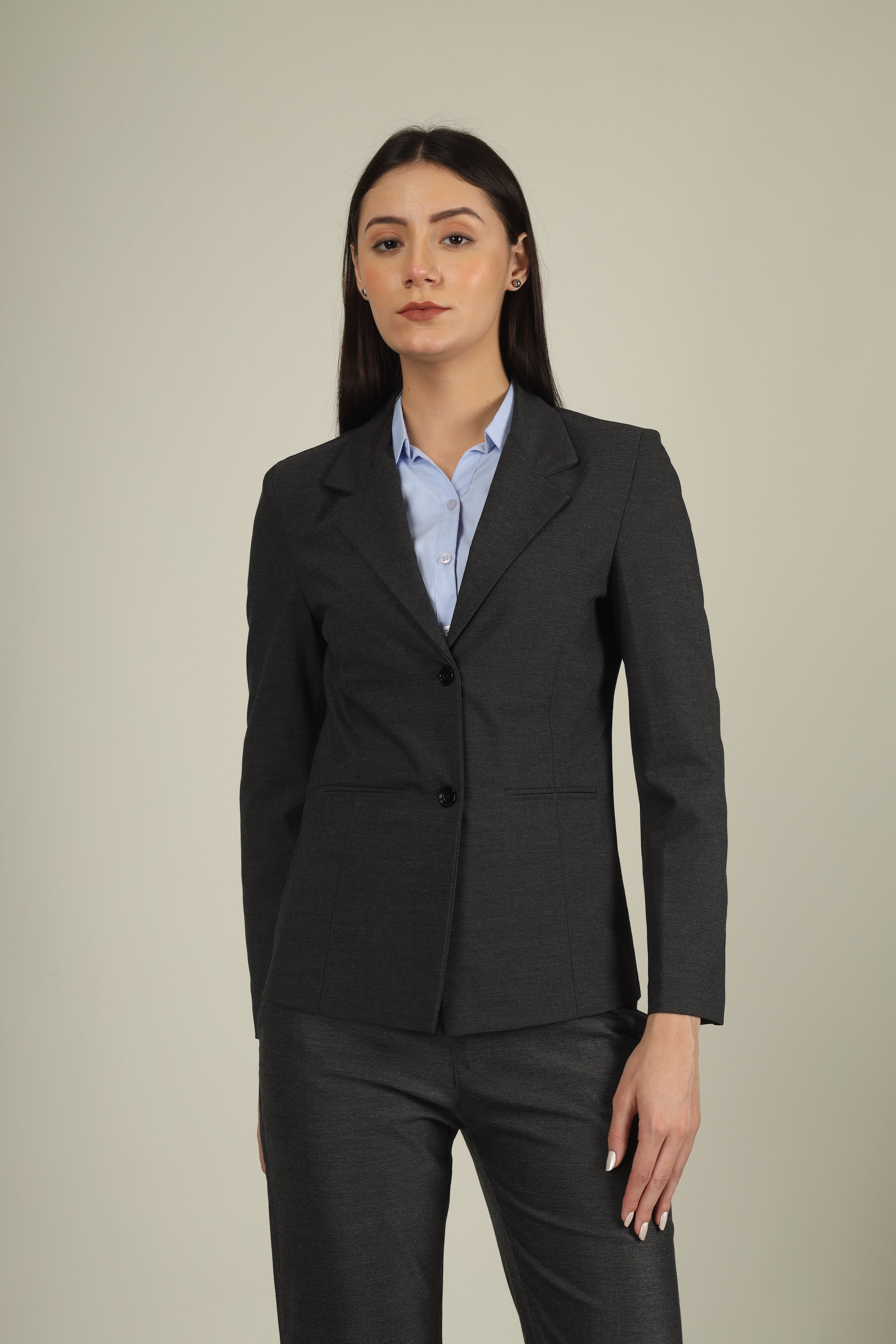 COTTON NOTCHED LAPEL COLLAR DARK GREY BLAZER