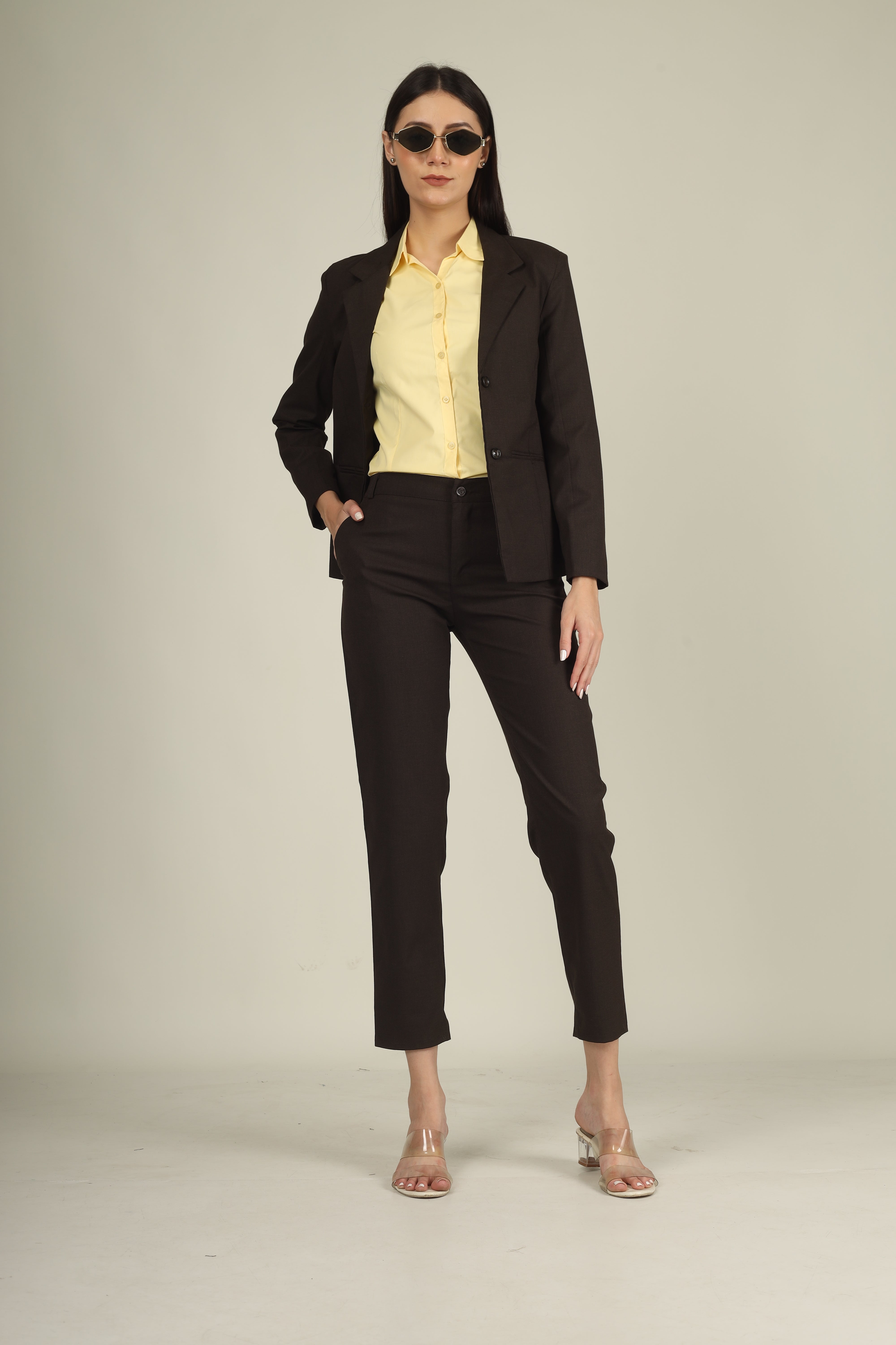 COTTON NOTCHED LAPEL COLLAR BROWN BLAZER