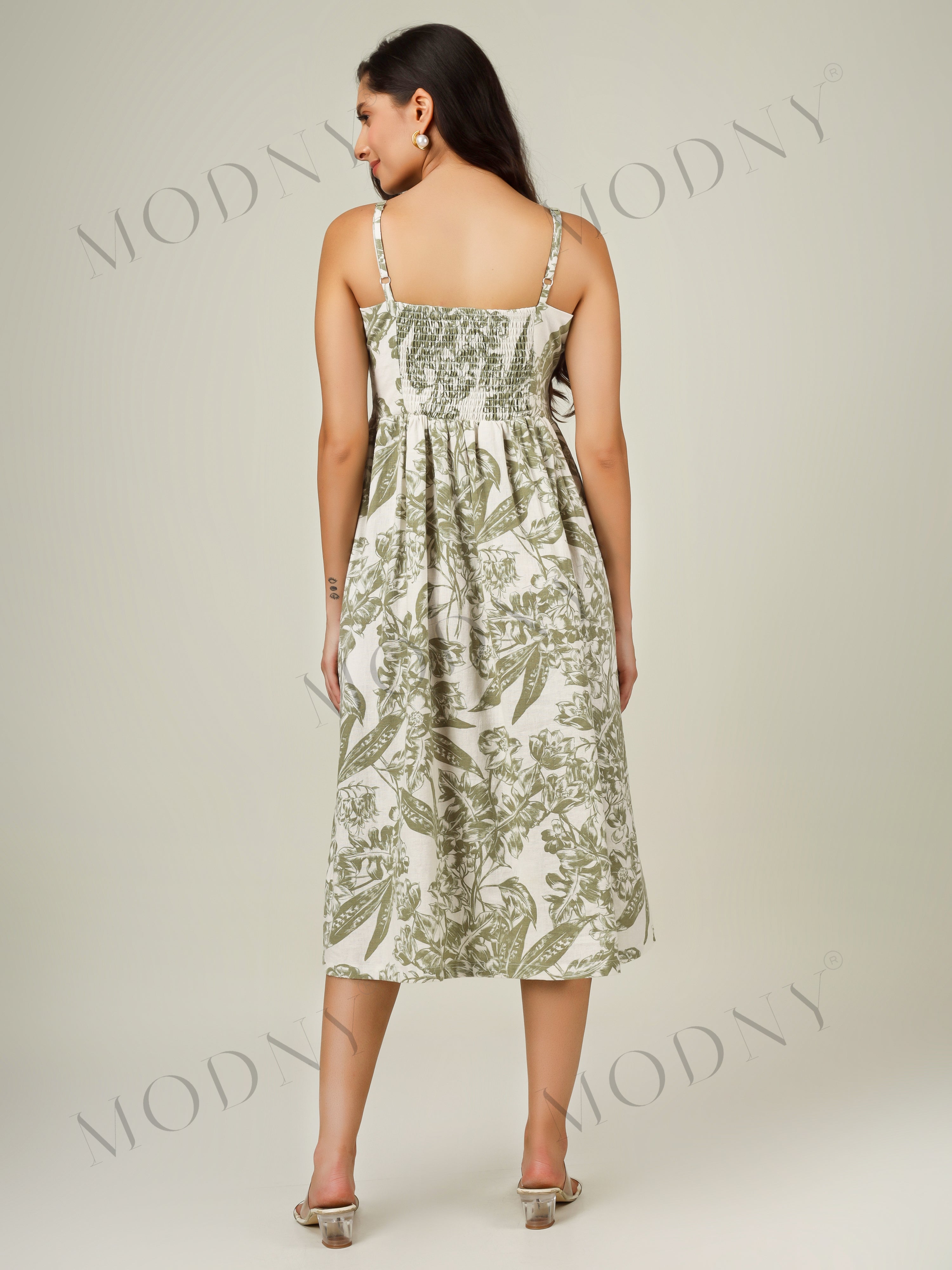 BOTANICAL SMOCKED-BACK MIDI DRESS