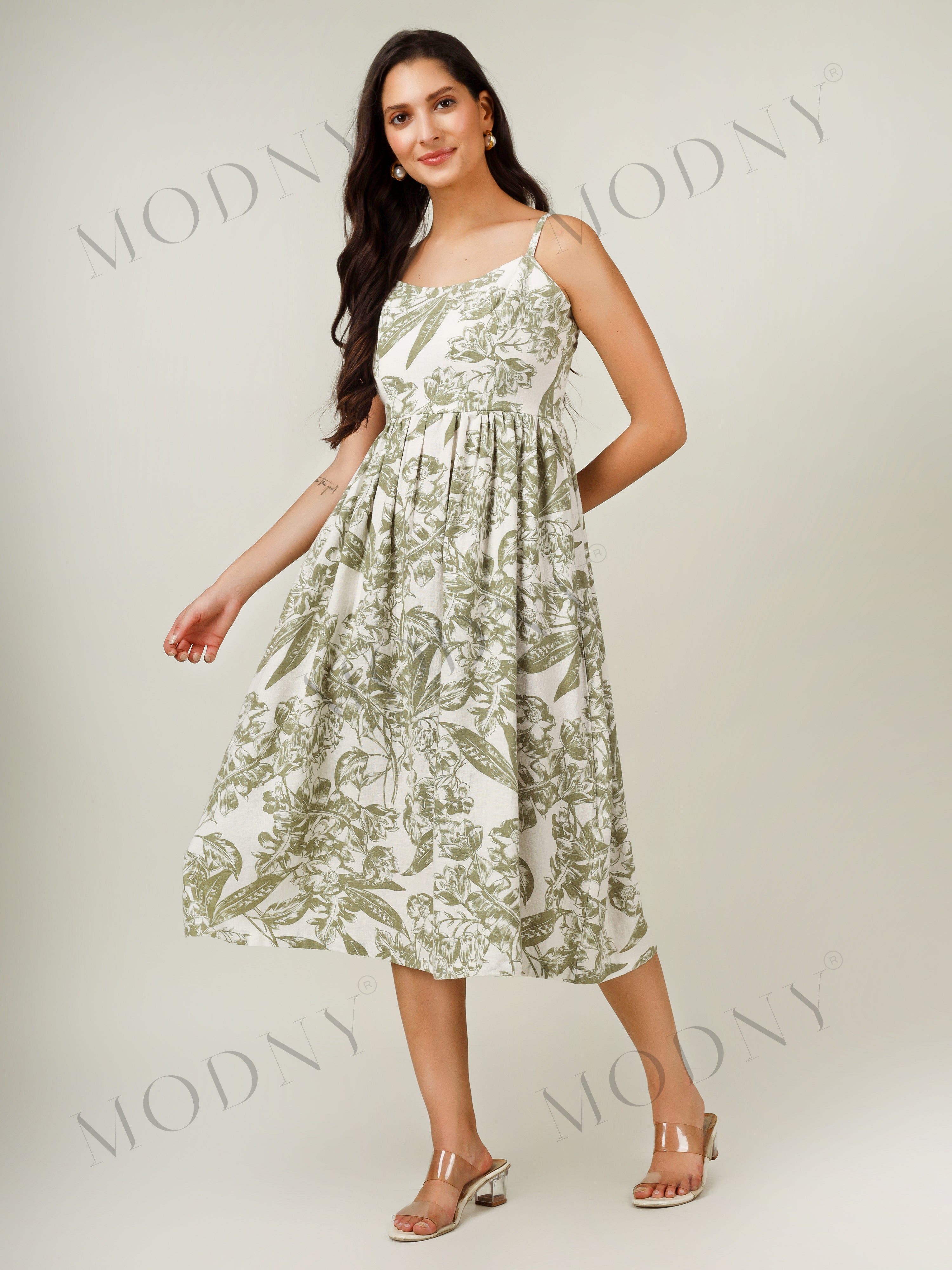 BOTANICAL SMOCKED-BACK MIDI DRESS