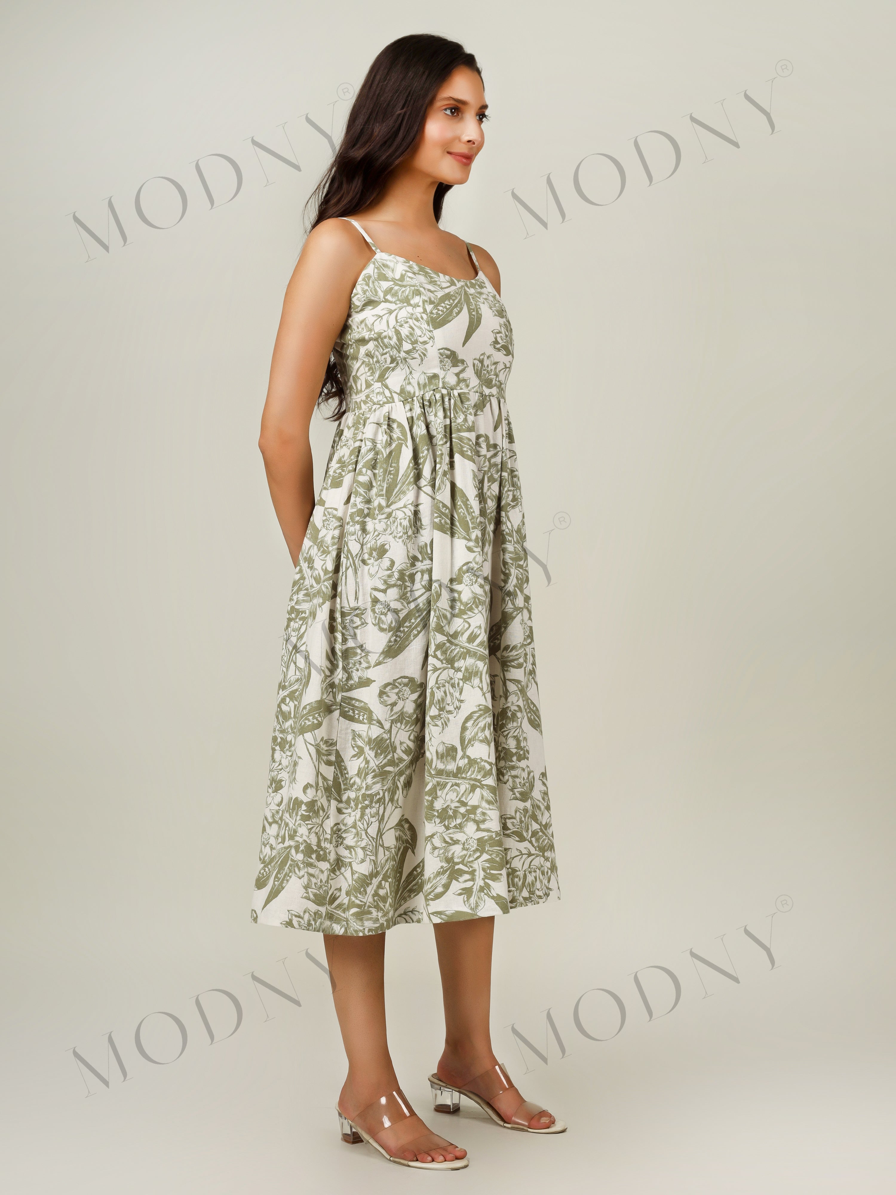 BOTANICAL SMOCKED-BACK MIDI DRESS