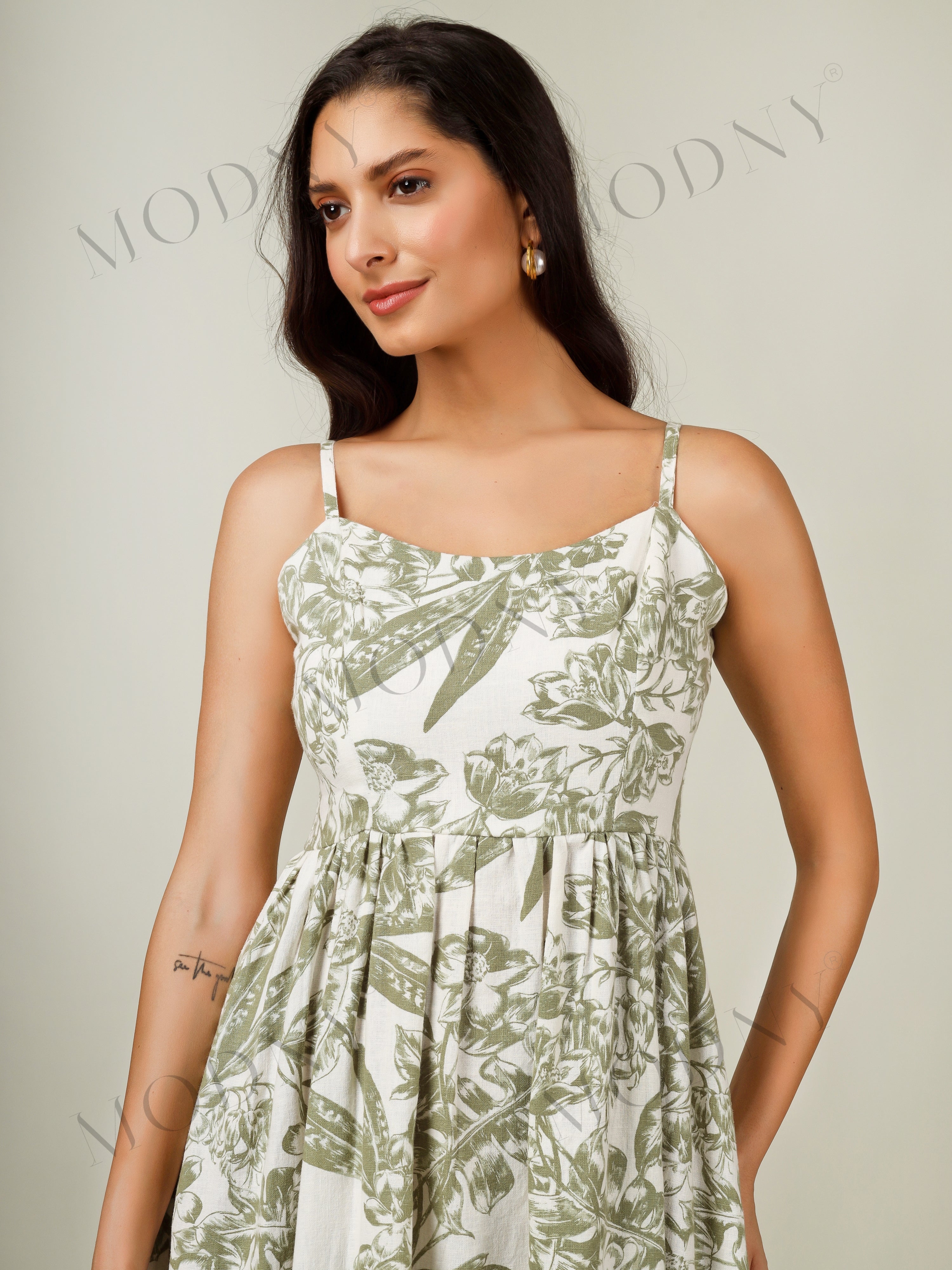 BOTANICAL SMOCKED-BACK MIDI DRESS