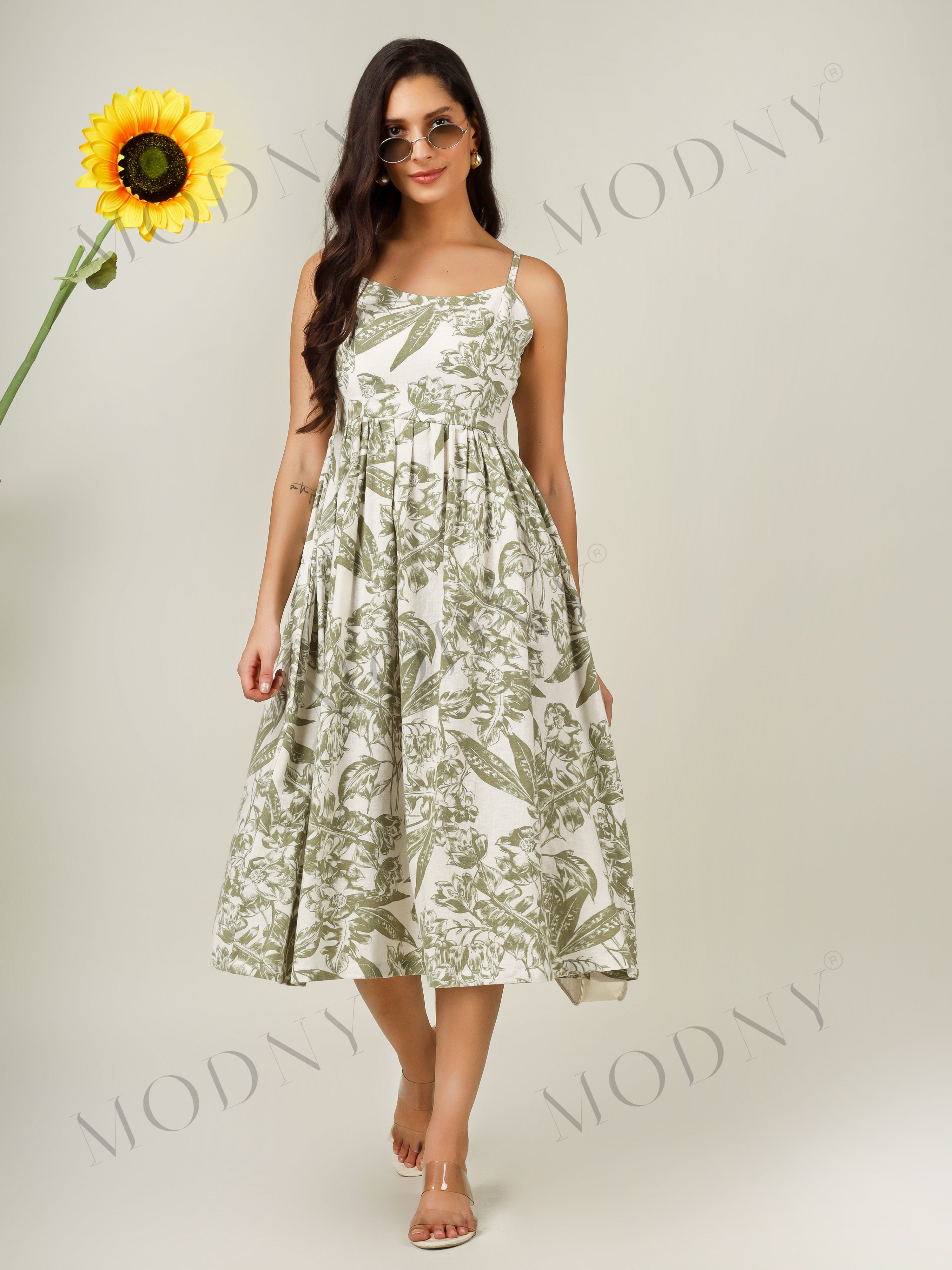 BOTANICAL SMOCKED-BACK MIDI DRESS