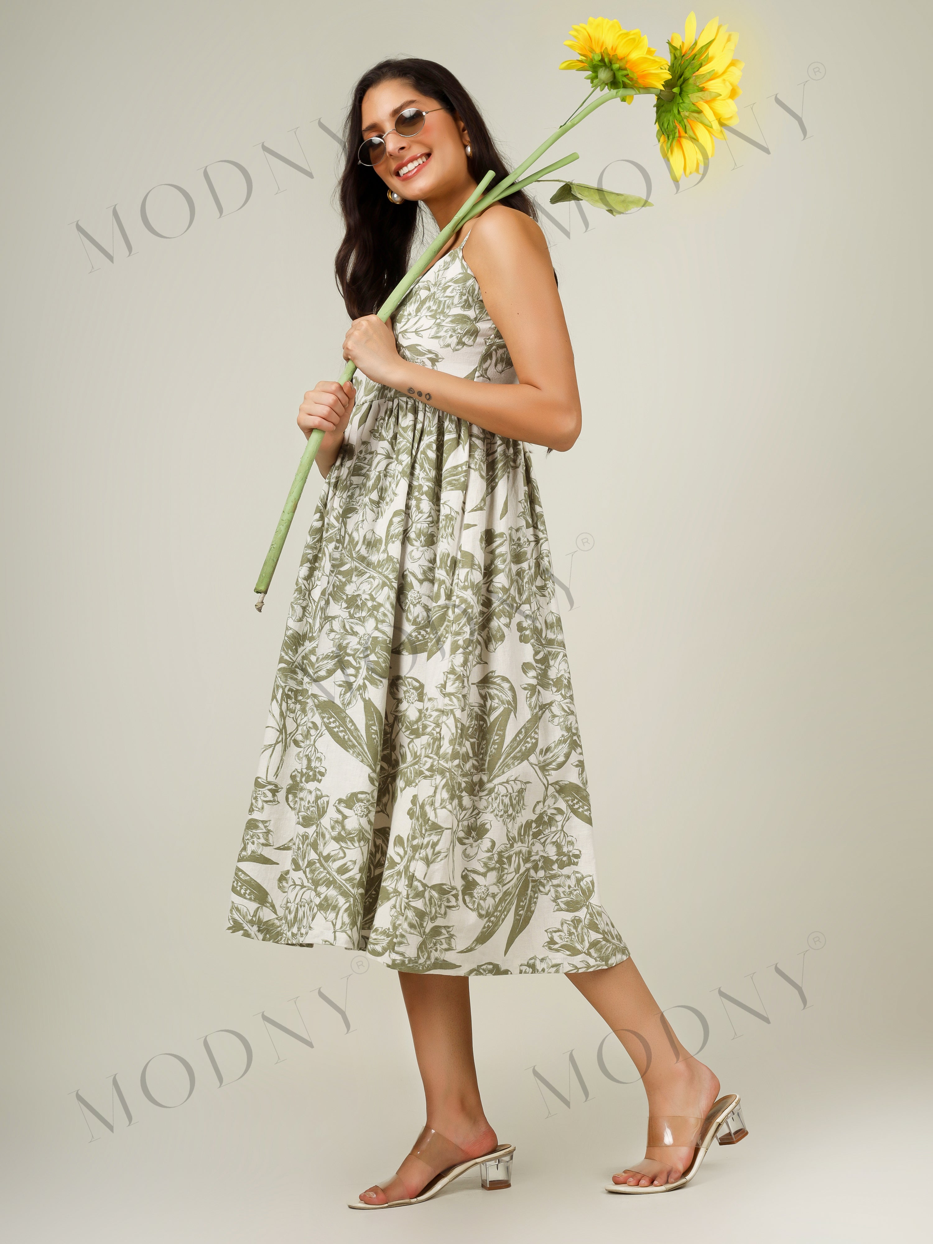 BOTANICAL SMOCKED-BACK MIDI DRESS