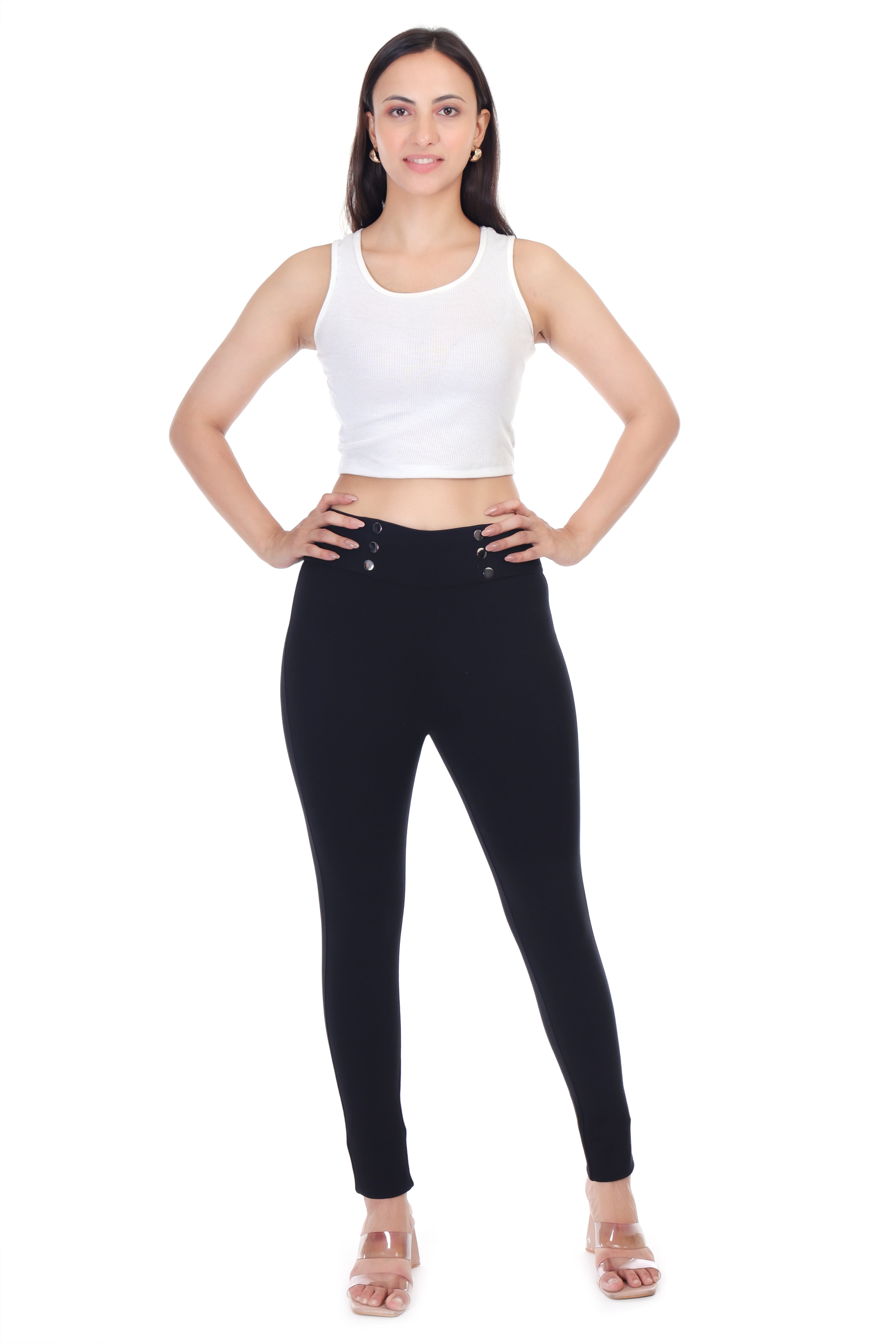 BUTTONED GRACE BELTED BLACK JEGGING