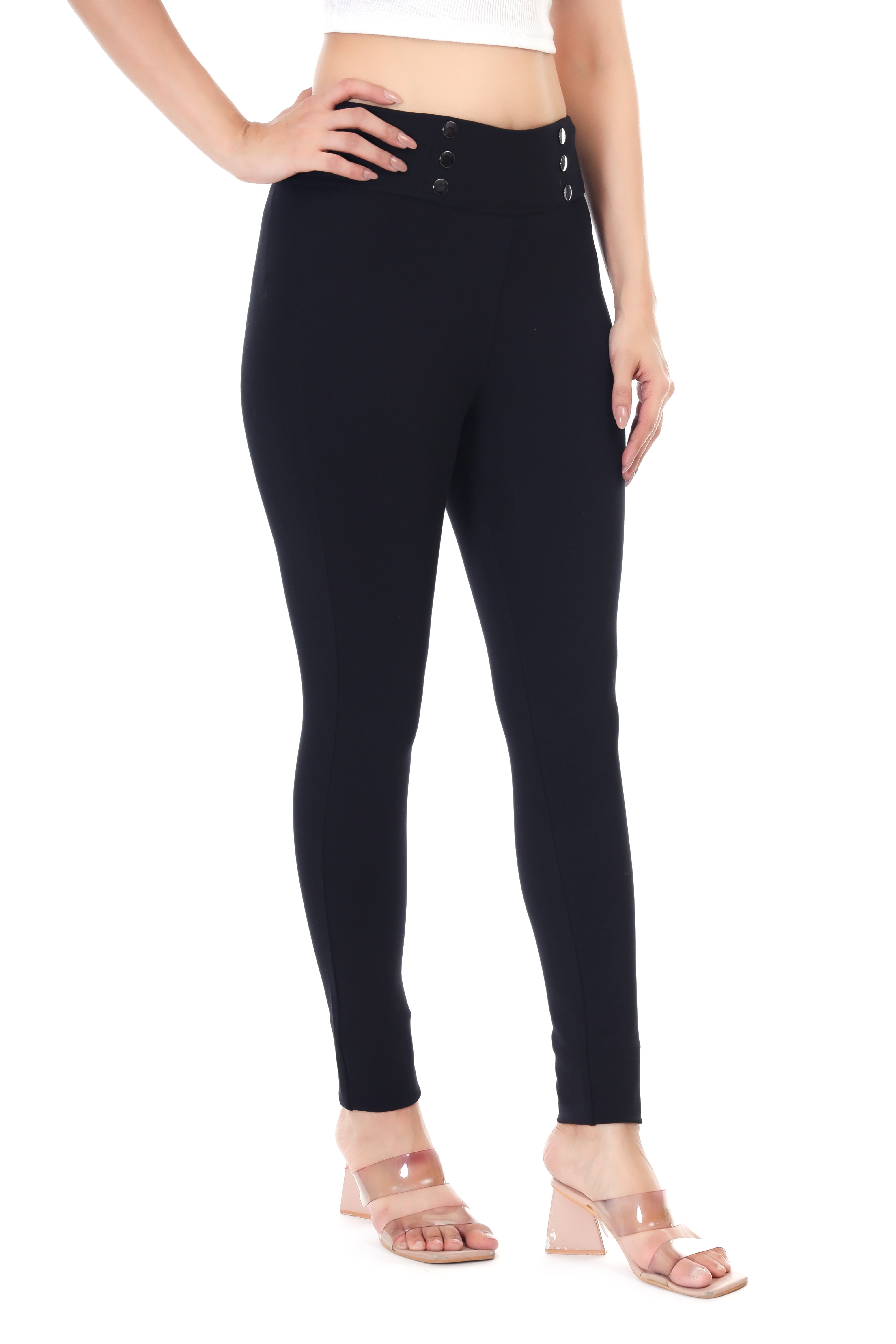 BUTTONED GRACE BELTED BLACK JEGGING