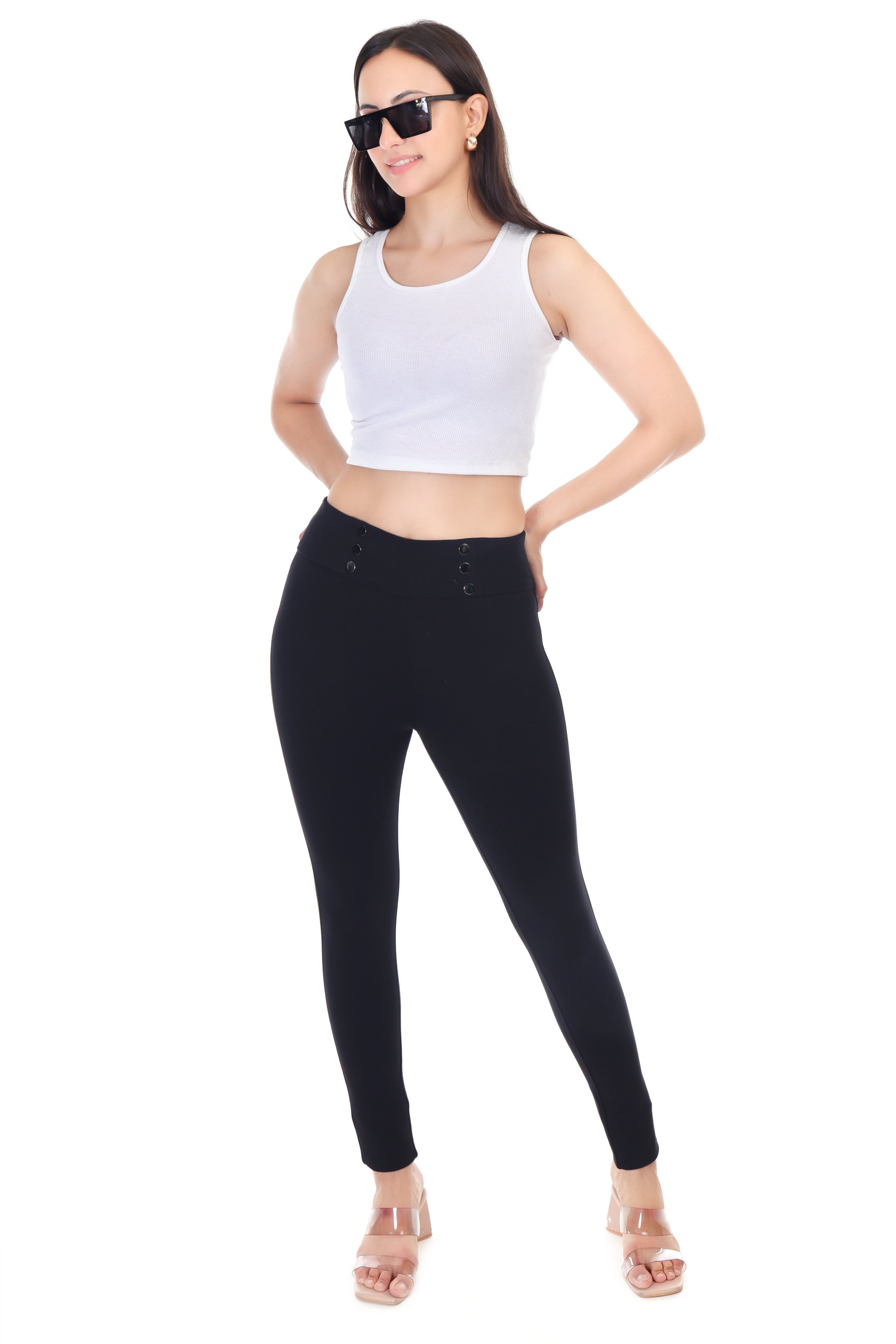 BUTTONED GRACE BELTED BLACK JEGGING