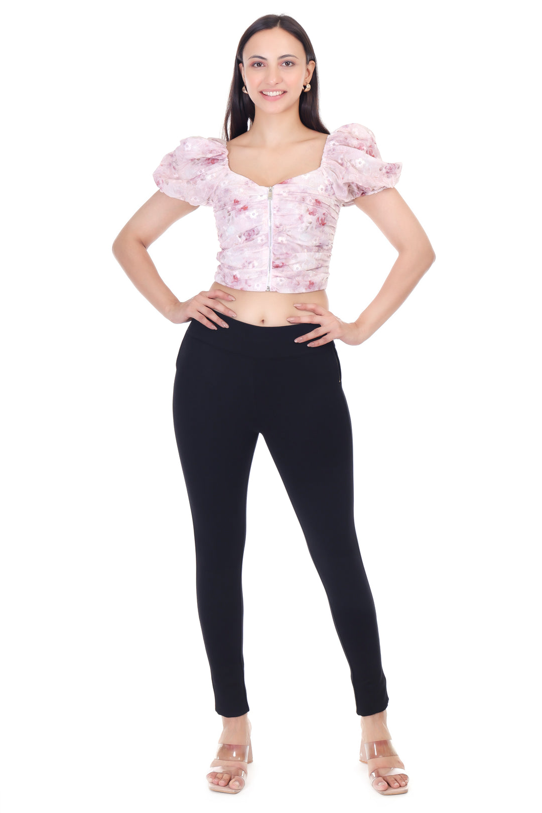 FLORAL PRINT CENTER ZIP CROP TOP