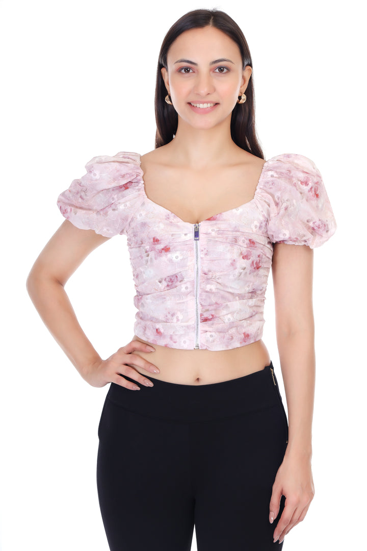 FLORAL PRINT CENTER ZIP CROP TOP