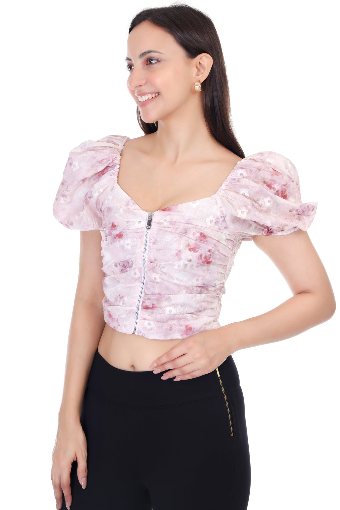 FLORAL PRINT CENTER ZIP CROP TOP