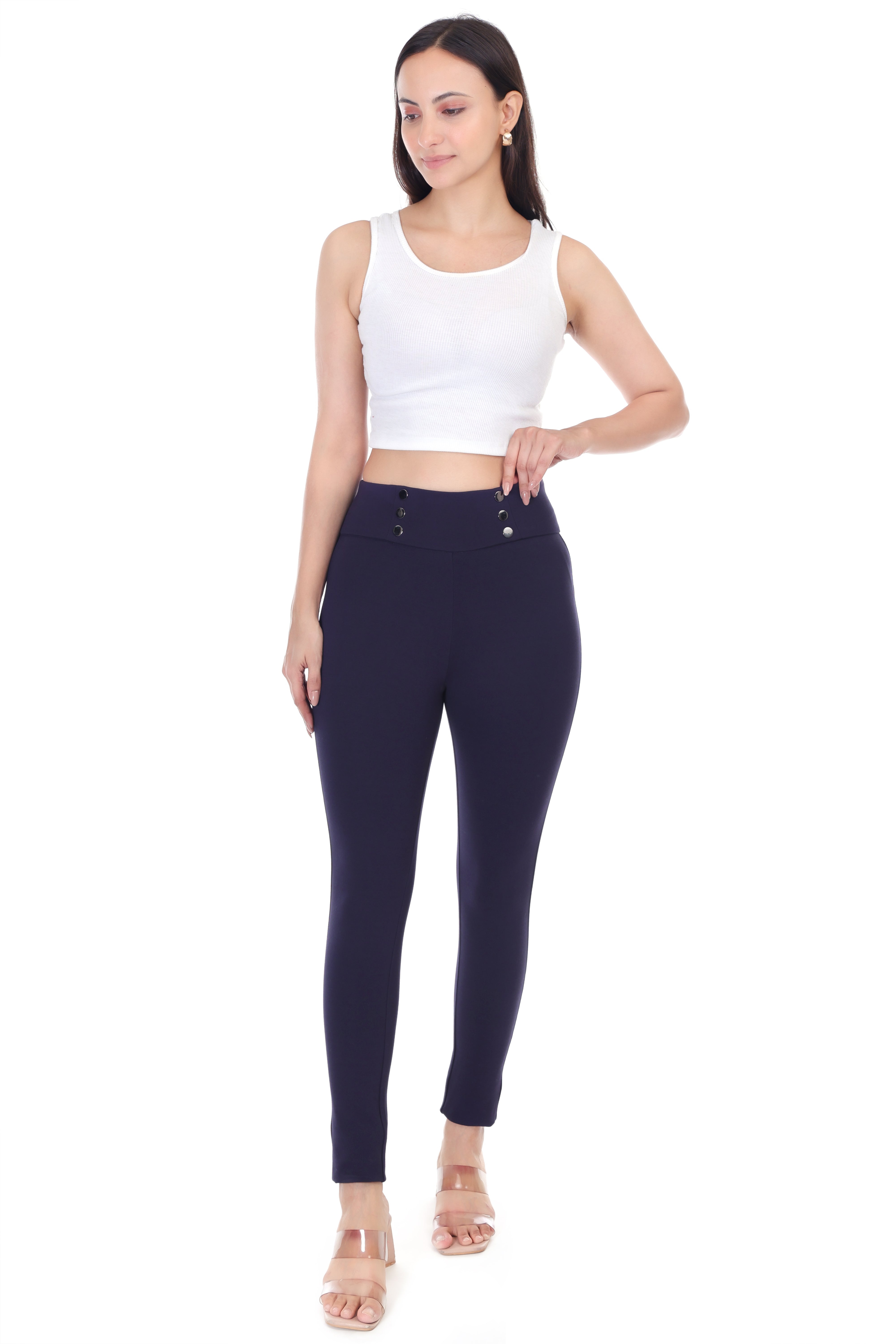 BUTTONED GRACE BELTED NAVY BLUE JEGGING