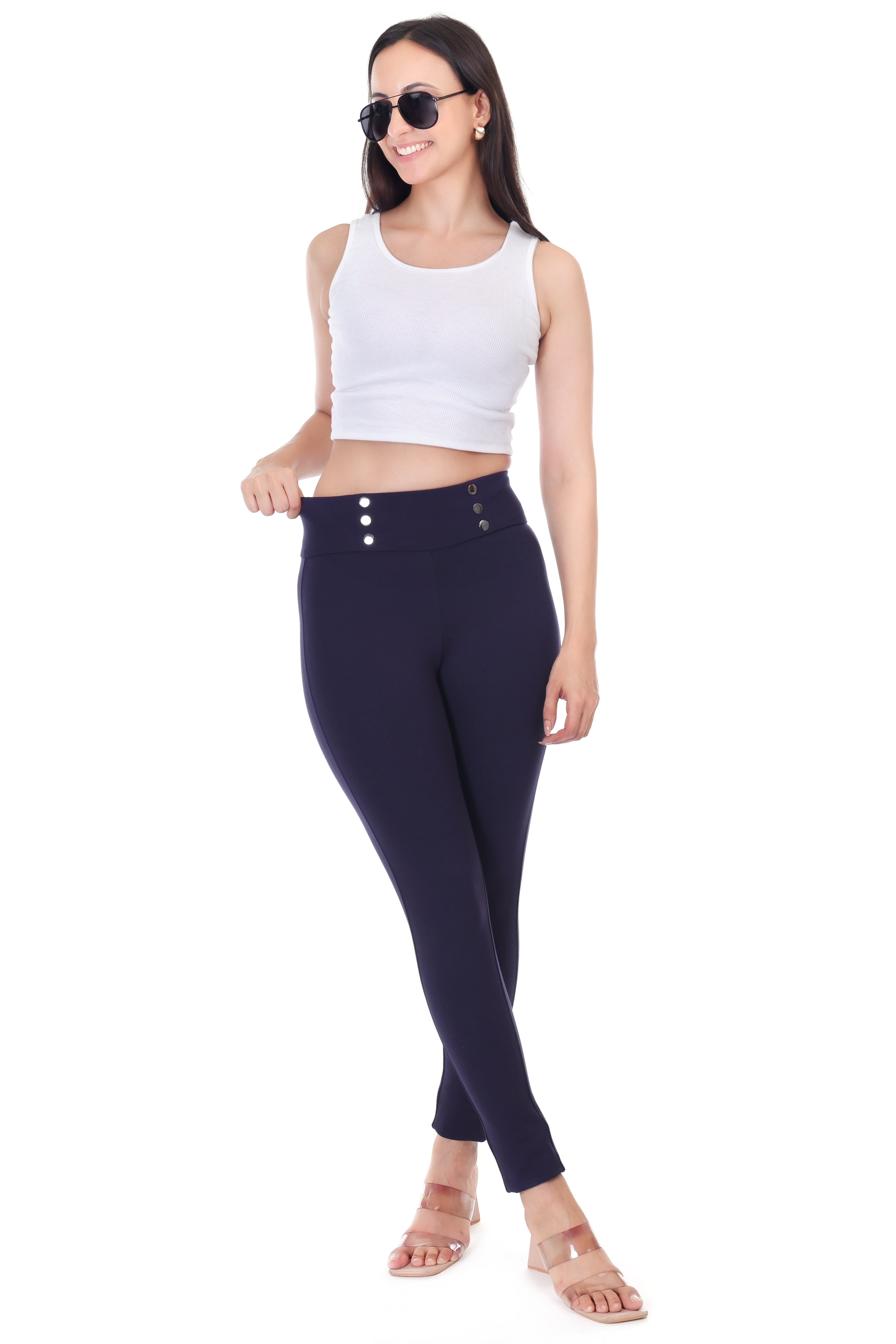 BUTTONED GRACE BELTED NAVY BLUE JEGGING
