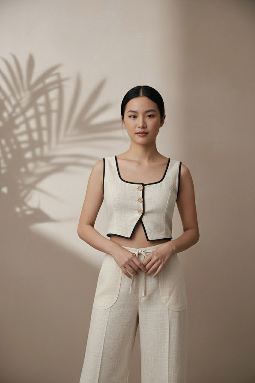CONTRAST PIPED VEST CO-ORD SET