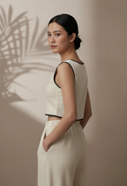 CONTRAST PIPED VEST CO-ORD SET