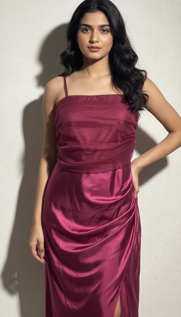 DRAPED SATIN MIDI DRESS