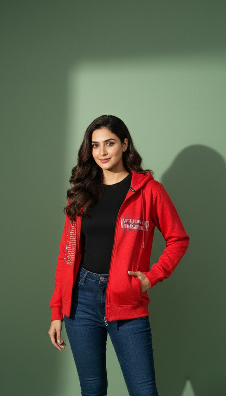 Multi Print Red Zipper Hoodie