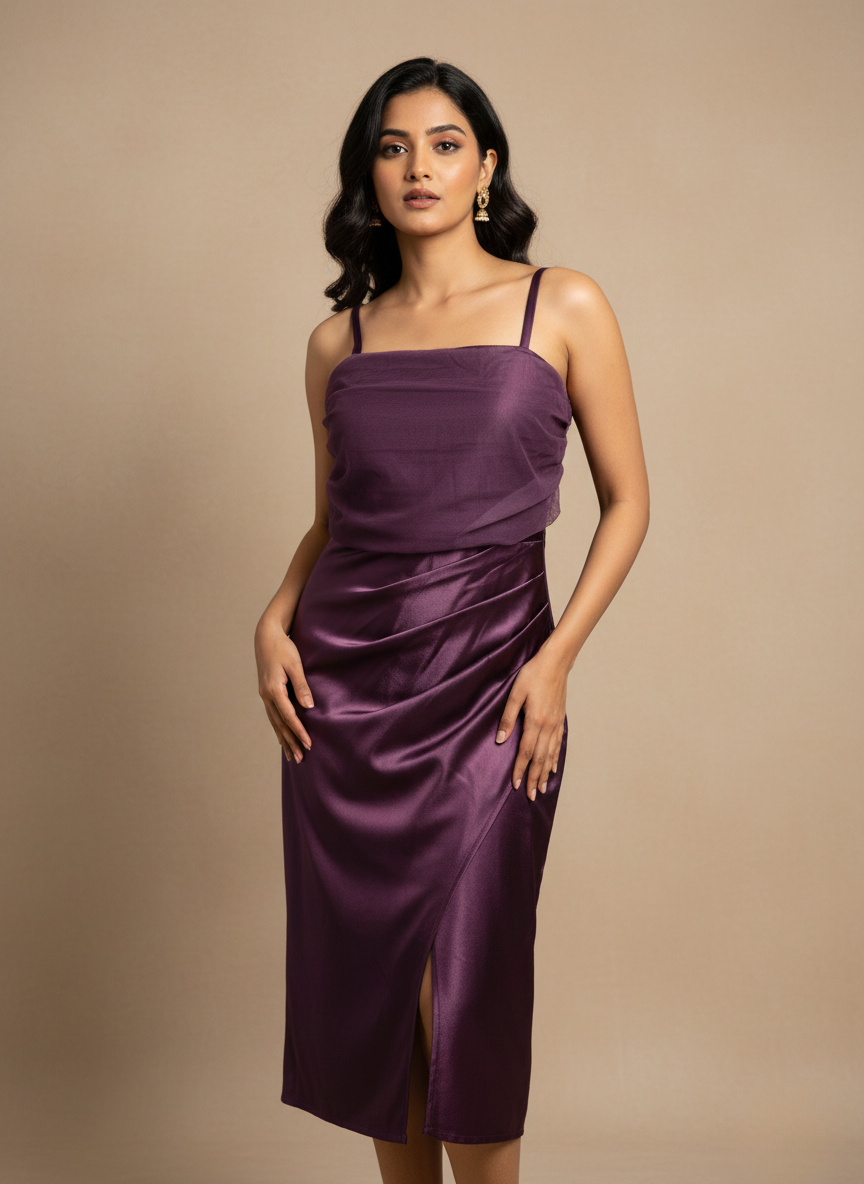 DRAPED SATIN MIDI DRESS