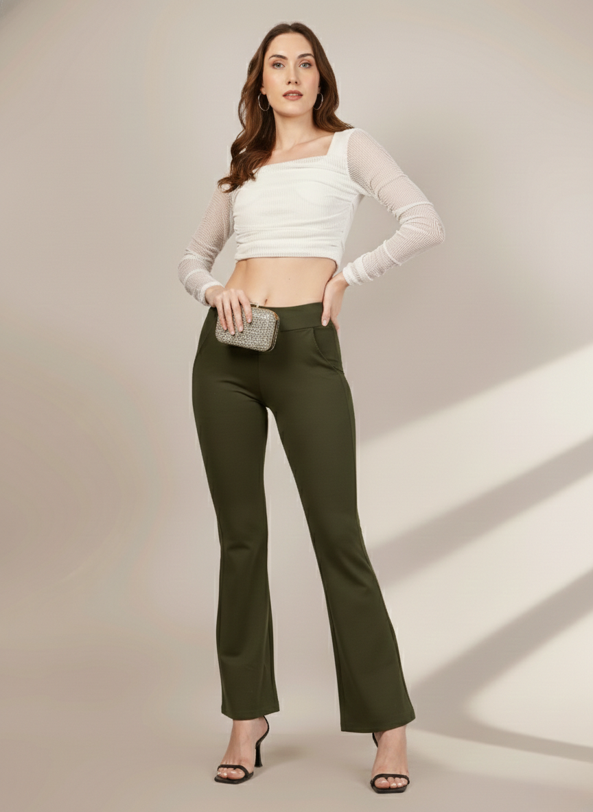 URBAN CONTOUR BELL BOTTOM HIGH WAIST OLIVE GREEN TROUSER