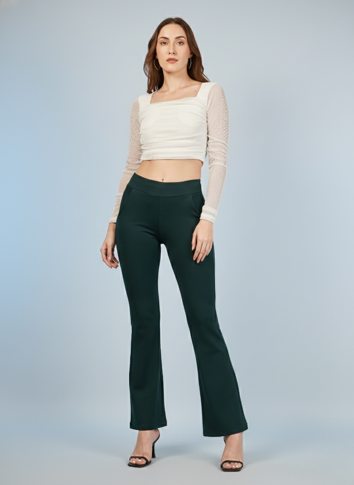 URBAN CONTOUR BELL BOTTOM HIGH WAIST BOTTLE GREEN TROUSER