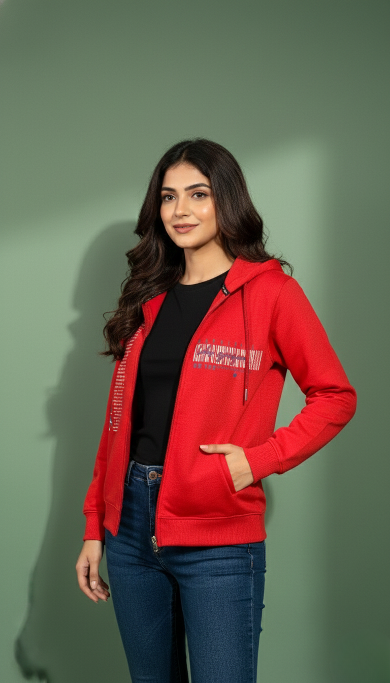 Multi Print Red Zipper Hoodie