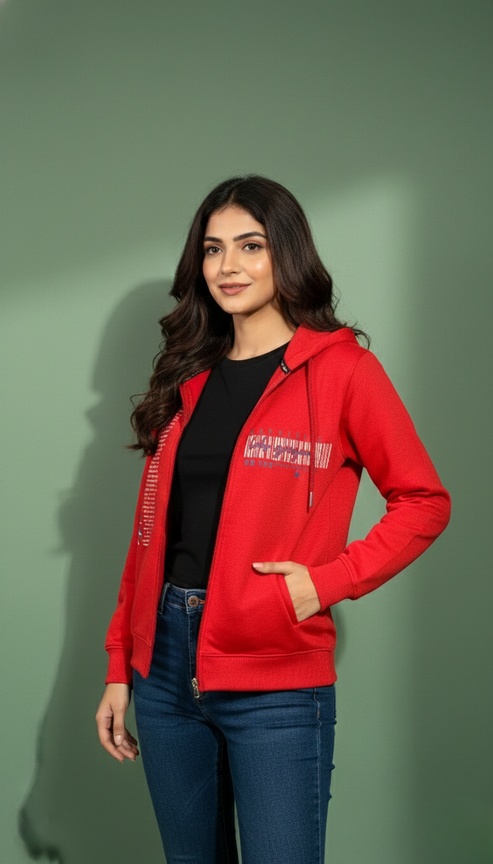Multi Print Red Zipper Hoodie