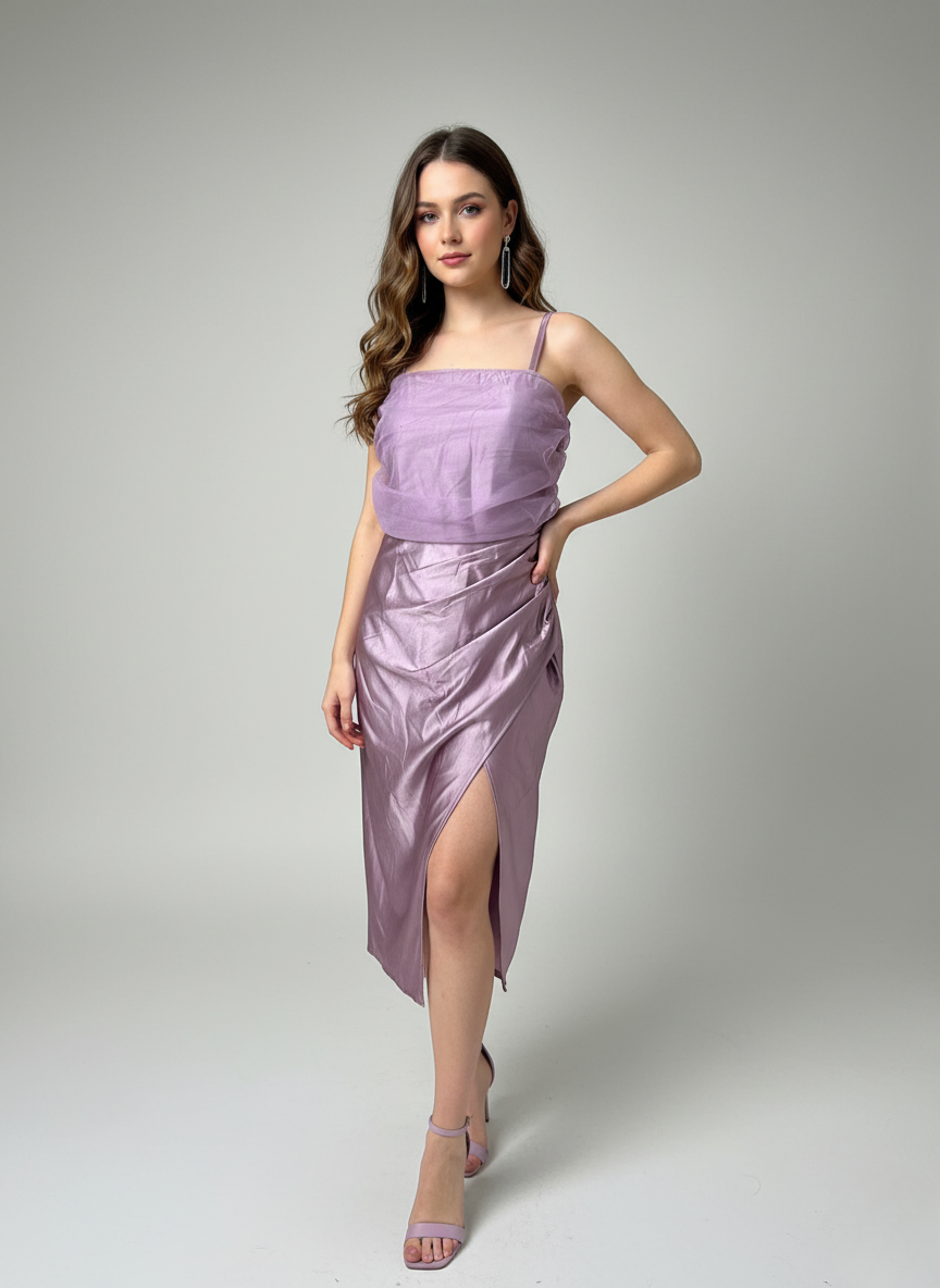 DRAPED SATIN MIDI DRESS