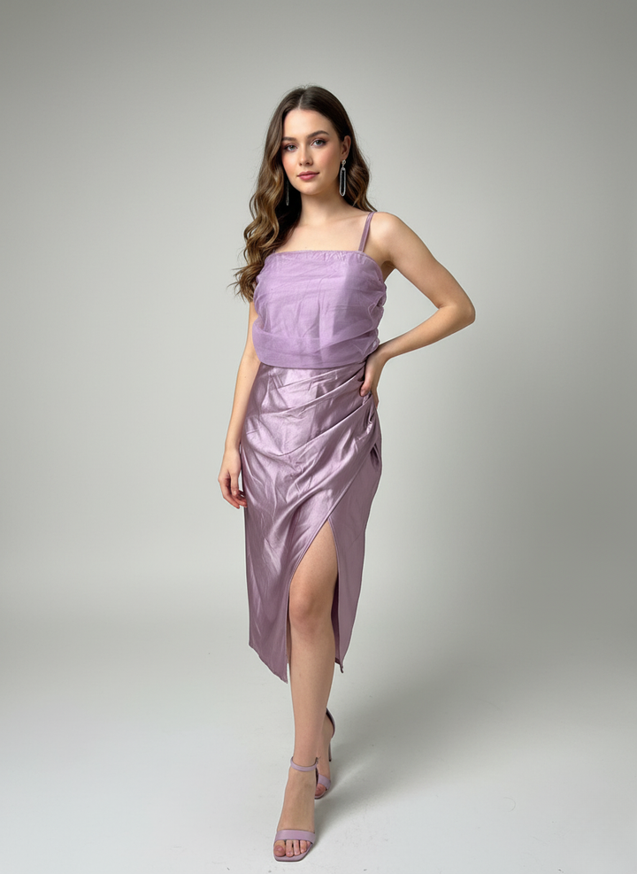 DRAPED SATIN MIDI DRESS
