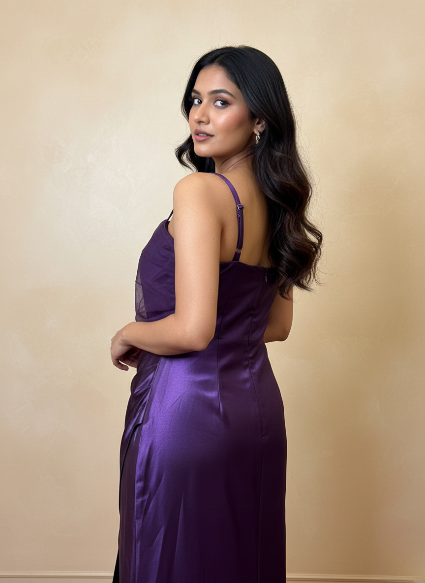 DRAPED SATIN MIDI DRESS