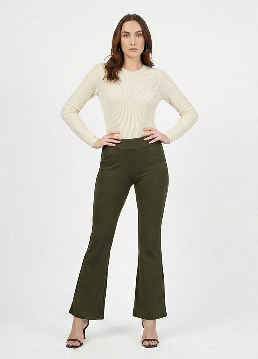 URBAN CONTOUR BELL BOTTOM HIGH WAIST OLIVE GREEN TROUSER